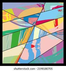 Patrón asimétrico abstracto del collage. Arte de mano alzada digital, textura gruesa. Fondo del tejido del parchwork del vector. Elementos decorativos, adornos de pinceladas de pincel para volante, afiche, cubierta, estampado de tela textil