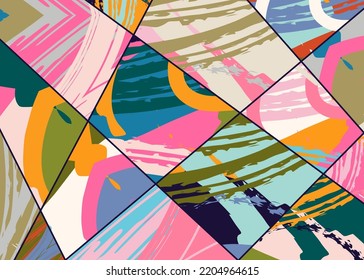 Patrón asimétrico abstracto del collage. Arte de mano alzada digital, textura gruesa. Fondo del tejido del parchwork del vector. Elementos decorativos, adornos de pinceladas de pincel para volante, afiche, cubierta, estampado de tela textil