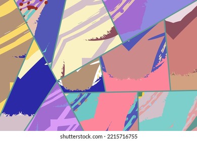 Abstract collage asymmetric pattern. Digital freehand art, grunge texture. Vector patchwork quilt background. Decorative elements, brush strokes ornament for flyer, poster, cover, textile fabric print