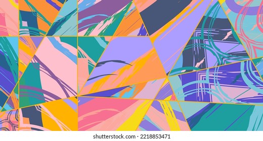 Abstract collage asymmetric pattern. Digital freehand art, grunge texture. Vector patchwork quilt background. Decorative elements, brush strokes ornament for flyer, poster, cover, textile fabric print