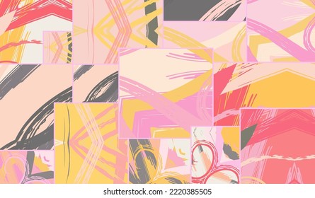 Patrón asimétrico abstracto del collage. Arte de mano alzada digital, textura gruesa. Fondo del tejido del parchwork del vector. Elementos decorativos, adornos de pinceladas de pincel para volante, afiche, cubierta, estampado de tela textil
