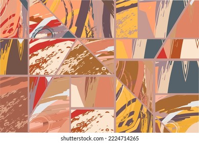 Abstract collage asymmetric pattern. Digital freehand art, grunge texture. Vector patchwork quilt background. Decorative elements, brush strokes ornament for flyer, poster, cover, textile fabric print