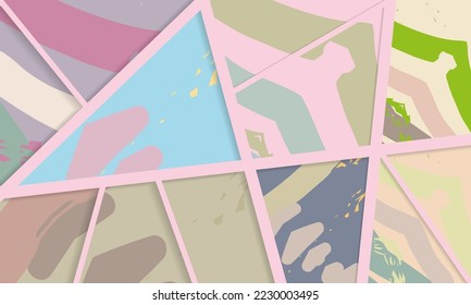 Abstract collage asymmetric pattern. Digital freehand art, grunge texture. Vector patchwork quilt background. Decorative elements, brush strokes ornament for flyer, poster, cover, textile fabric print