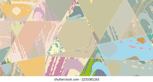 Abstract collage asymmetric pattern. Digital freehand art, grunge texture. Vector patchwork quilt background. Decorative elements, brush strokes ornament for flyer, poster, cover, textile fabric print