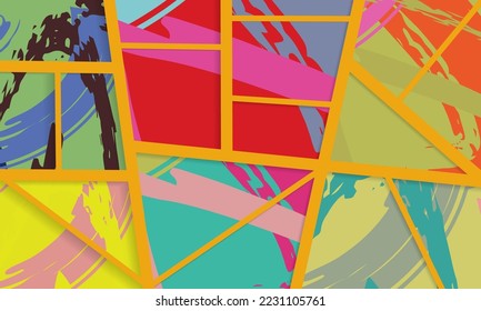 Abstract collage asymmetric pattern. Digital freehand art, grunge texture. Vector patchwork quilt background. Decorative elements, brush strokes ornament for flyer, poster, cover, textile fabric print