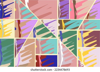 Patrón asimétrico abstracto del collage. Arte de mano alzada digital, textura gruesa. Fondo del tejido del parchwork del vector. Elementos decorativos, adornos de pinceladas de pincel para volante, afiche, cubierta, estampado de tela textil