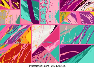 Abstract collage asymmetric pattern. Digital freehand art, grunge texture. Vector patchwork quilt background. Decorative elements, brush strokes ornament for flyer, poster, cover, textile fabric print