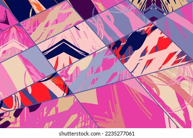Abstract collage asymmetric pattern. Digital freehand art, grunge texture. Vector patchwork quilt background. Decorative elements, brush strokes ornament for flyer, poster, cover, textile fabric print