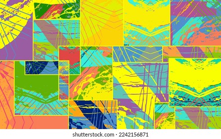 Patrón asimétrico abstracto del collage. Arte de mano alzada digital, textura gruesa. Fondo del tejido del parchwork del vector. Elementos decorativos, adornos de pinceladas de pincel para volante, afiche, cubierta, estampado de tela textil