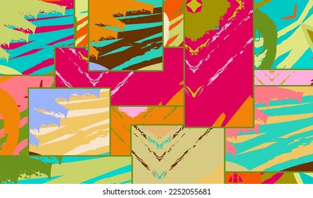 Abstract collage asymmetric pattern. Digital freehand art, grunge texture. Vector patchwork quilt background. Decorative elements, brush strokes ornament for flyer, poster, cover, textile fabric print