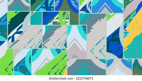 Abstract collage asymmetric pattern. Digital freehand art, grunge texture. Vector patchwork quilt background. Decorative elements, brush strokes ornament for flyer, poster, cover, textile fabric print