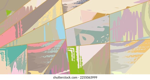 Abstract collage asymmetric pattern. Digital freehand art, grunge texture. Vector patchwork quilt background. Decorative elements, brush strokes ornament for flyer, poster, cover, textile fabric print