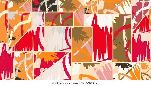 Abstract collage asymmetric pattern. Digital freehand art, grunge texture. Vector patchwork quilt background. Decorative elements, brush strokes ornament for flyer, poster, cover, textile fabric print