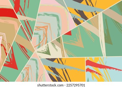 Patrón asimétrico abstracto del collage. Arte de mano alzada digital, textura gruesa. Fondo del tejido del parchwork del vector. Elementos decorativos, adornos de pinceladas de pincel para volante, afiche, cubierta, estampado de tela textil