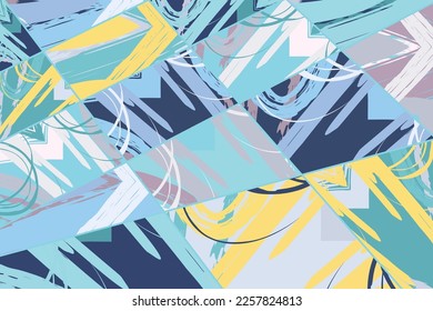 Abstract collage asymmetric pattern. Digital freehand art, grunge texture. Vector patchwork quilt background. Decorative elements, brush strokes ornament for flyer, poster, cover, textile fabric print