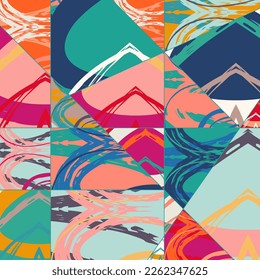 Abstract collage asymmetric pattern. Digital freehand art, grunge texture. Vector patchwork quilt background. Decorative elements, brush strokes ornament for flyer, poster, cover, textile fabric print