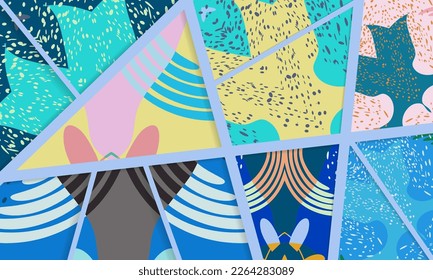 Abstract collage asymmetric pattern. Digital freehand art, grunge texture. Vector patchwork quilt background. Decorative elements, brush strokes ornament for flyer, poster, cover, textile fabric print