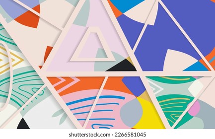 Abstract collage asymmetric pattern. Digital freehand art, grunge texture. Vector patchwork quilt background. Decorative elements, brush strokes ornament for flyer, poster, cover, textile fabric print
