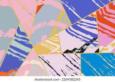 Abstract collage asymmetric pattern. Digital freehand art, grunge texture. Vector patchwork quilt background. Decorative elements, brush strokes ornament for flyer, poster, cover, textile fabric print