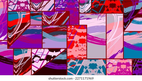 Patrón asimétrico abstracto del collage. Arte de mano alzada digital, textura gruesa. Fondo del tejido del parchwork del vector. Elementos decorativos, adornos de pinceladas de pincel para volante, afiche, cubierta, estampado de tela textil