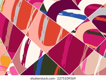 Abstract collage asymmetric pattern. Digital freehand art, grunge texture. Vector patchwork quilt background. Decorative elements, brush strokes ornament for flyer, poster, cover, textile fabric print