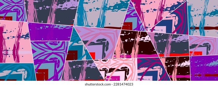 Patrón asimétrico abstracto del collage. Arte de mano alzada digital, textura gruesa. Fondo del tejido del parchwork del vector. Elementos decorativos, adornos de pinceladas de pincel para volante, afiche, cubierta, estampado de tela textil