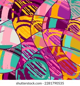 Patrón asimétrico abstracto del collage. Arte de mano alzada digital, textura gruesa. Fondo del tejido del parchwork del vector. Elementos decorativos, adornos de pinceladas de pincel para volante, afiche, cubierta, estampado de tela textil
