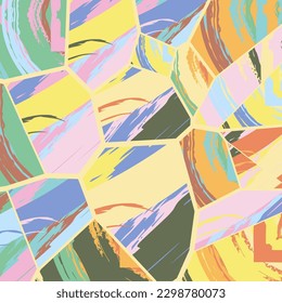 Abstract collage asymmetric pattern. Digital freehand art, grunge texture. Vector patchwork quilt background. Decorative elements, brush strokes ornament for flyer, poster, cover, textile fabric print