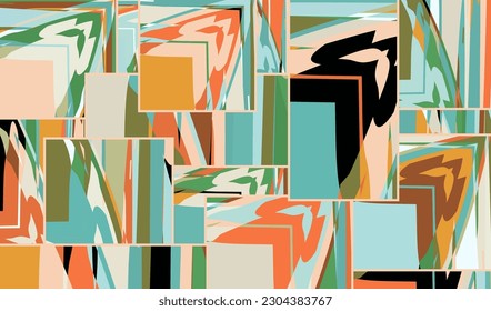 Patrón asimétrico abstracto del collage. Arte de mano alzada digital, textura gruesa. Fondo del tejido del parchwork del vector. Elementos decorativos, adornos de pinceladas de pincel para volante, afiche, cubierta, estampado de tela textil