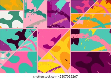 Abstract collage asymmetric pattern. Digital freehand art, grunge texture. Vector patchwork quilt background. Decorative elements, brush strokes ornament for flyer, poster, cover, textile fabric print