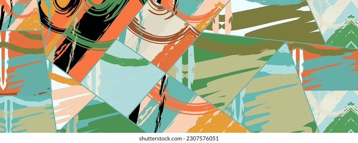 Patrón asimétrico abstracto del collage. Arte de mano alzada digital, textura gruesa. Fondo del tejido del parchwork del vector. Elementos decorativos, adornos de pinceladas de pincel para volante, afiche, cubierta, estampado de tela textil