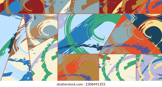 Abstract collage asymmetric pattern. Digital freehand art, grunge texture. Vector patchwork quilt background. Decorative elements, brush strokes ornament for flyer, poster, cover, textile fabric print