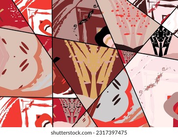 Abstract collage asymmetric pattern. Digital freehand art, grunge texture. Vector patchwork quilt background. Decorative elements, brush strokes ornament for flyer, poster, cover, textile fabric print