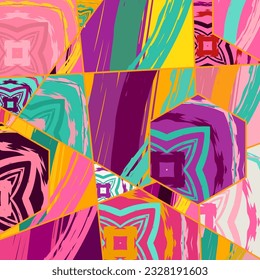 Abstract collage asymmetric pattern. Digital freehand art, grunge texture. Vector patchwork quilt background. Decorative elements, brush strokes ornament for flyer, poster, cover, textile fabric print