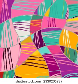 Abstract collage asymmetric pattern. Digital freehand art, grunge texture. Vector patchwork quilt background. Decorative elements, brush strokes ornament for flyer, poster, cover, textile fabric print