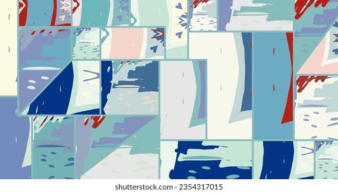 Patrón asimétrico abstracto del collage. Arte de mano alzada digital, textura gruesa. Fondo del tejido del parchwork del vector. Elementos decorativos, adornos de pinceladas de pincel para volante, afiche, cubierta, estampado de tela textil
