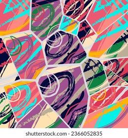 Abstract collage asymmetric pattern. Digital freehand art, grunge texture. Vector patchwork quilt background. Decorative elements, brush strokes ornament for flyer, poster, cover, textile fabric print