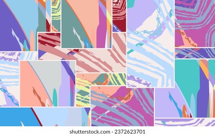 Abstract collage asymmetric pattern. Digital freehand art, grunge texture. Vector patchwork quilt background. Decorative elements, brush strokes ornament for flyer, poster, cover, textile fabric print
