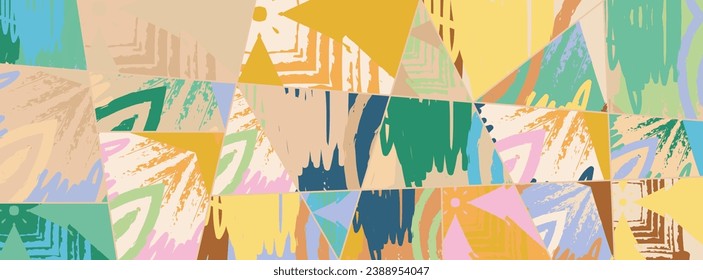 Patrón asimétrico abstracto del collage. Arte de mano alzada digital, textura gruesa. Fondo del tejido del parchwork del vector. Elementos decorativos, adornos de pinceladas de pincel para volante, afiche, cubierta, estampado de tela textil