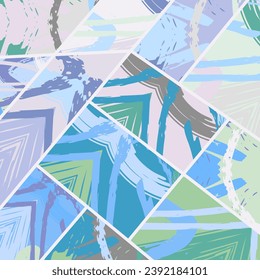 Patrón asimétrico abstracto del collage. Arte de mano alzada digital, textura gruesa. Fondo del tejido del parchwork del vector. Elementos decorativos, adornos de pinceladas de pincel para volante, afiche, cubierta, estampado de tela textil