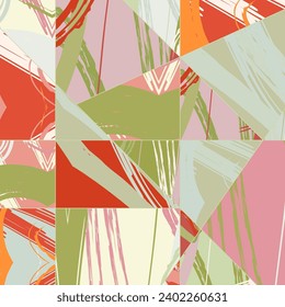 Abstract collage asymmetric pattern. Digital freehand art, grunge texture. Vector patchwork quilt background. Decorative elements, brush strokes ornament for flyer, poster, cover, textile fabric print