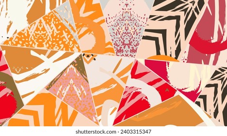 Abstract collage asymmetric pattern. Digital freehand art, grunge texture. Vector patchwork quilt background. Decorative elements, brush strokes ornament for flyer, poster, cover, textile fabric print