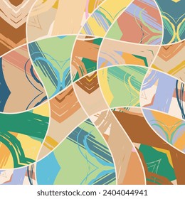 Patrón asimétrico abstracto del collage. Arte de mano alzada digital, textura gruesa. Fondo del tejido del parchwork del vector. Elementos decorativos, adornos de pinceladas de pincel para volante, afiche, cubierta, estampado de tela textil