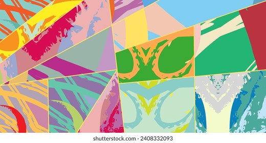 Abstract collage asymmetric pattern. Digital freehand art, grunge texture. Vector patchwork quilt background. Decorative elements, brush strokes ornament for flyer, poster, cover, textile fabric print