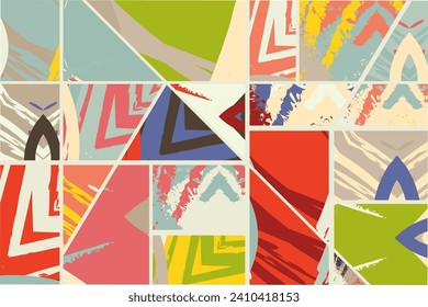 Patrón asimétrico abstracto del collage. Arte de mano alzada digital, textura gruesa. Fondo del tejido del parchwork del vector. Elementos decorativos, adornos de pinceladas de pincel para volante, afiche, cubierta, estampado de tela textil