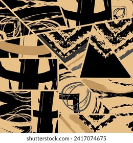 Patrón asimétrico abstracto del collage. Arte de mano alzada digital, textura gruesa. Fondo del tejido del parchwork del vector. Elementos decorativos, adornos de pinceladas de pincel para volante, afiche, cubierta, estampado de tela textil