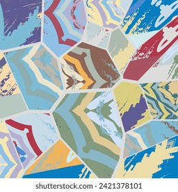 Abstract collage asymmetric pattern. Digital freehand art, grunge texture. Vector patchwork quilt background. Decorative elements, brush strokes ornament for flyer, poster, cover, textile fabric print