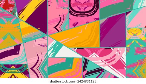 Patrón asimétrico de collage abstracto. Arte digital a mano alzada, textura grunge. Vector patchwork fondo de tejido. Elementos decorativos, trazos de pincel adorno para flyer, póster, cubierta, impresión de tela textil