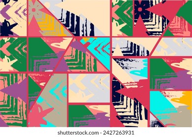 Patrón asimétrico de collage abstracto. Arte digital a mano alzada, textura grunge. Vector patchwork fondo de tejido. Elementos decorativos, trazos de pincel adorno para flyer, póster, cubierta, impresión de tela textil