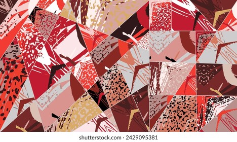Patrón asimétrico de collage abstracto. Arte digital a mano alzada, textura grunge. Vector patchwork fondo de tejido. Elementos decorativos, trazos de pincel adorno para flyer, póster, cubierta, impresión de tela textil